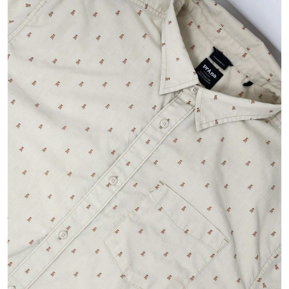 Prana Shirt Mens XL Tan AOP Stacking Rocks Short Sleeve‎ Button Up Pocket